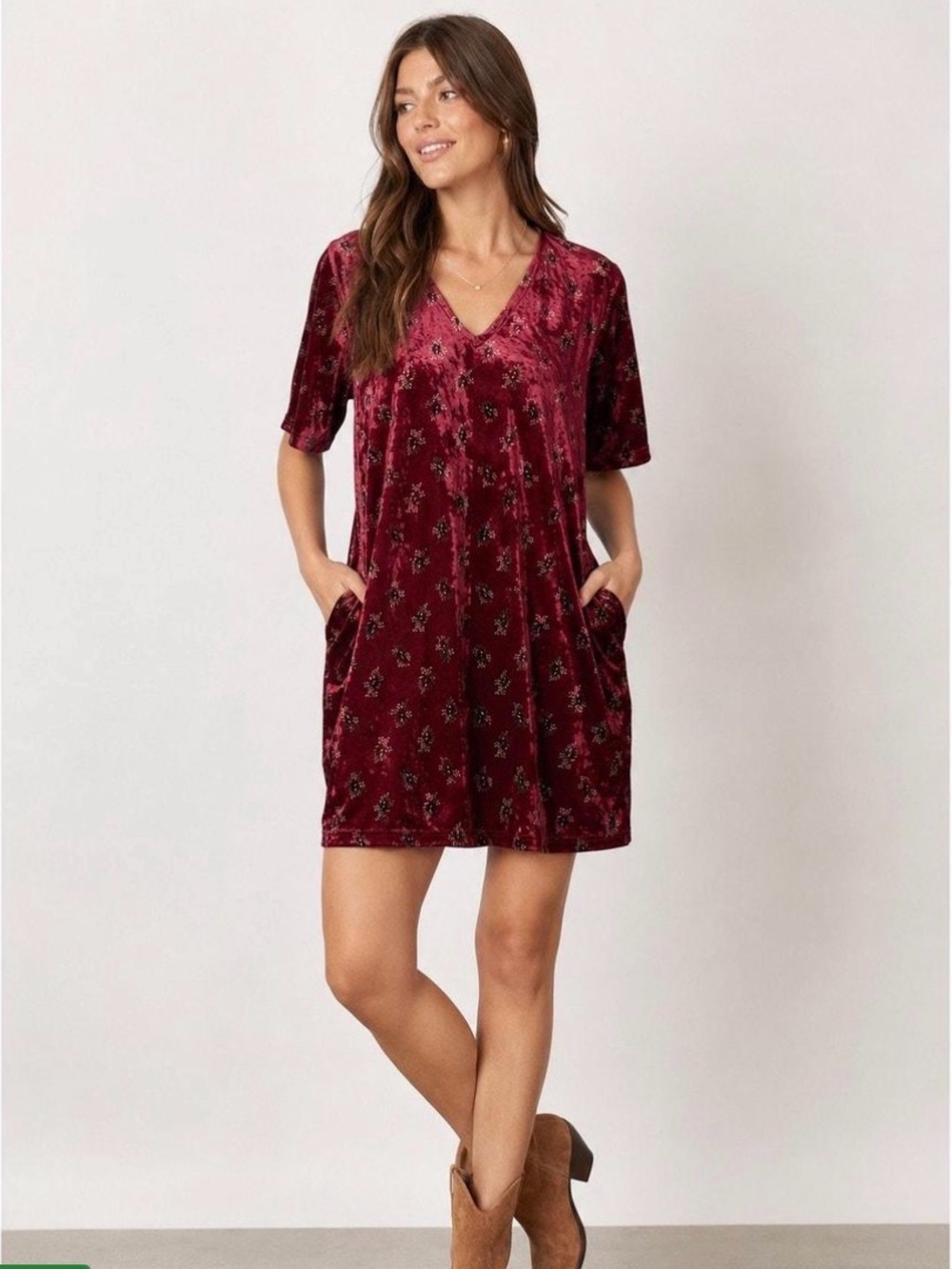 Natural Life Boho Crushed Velvet, Burgundy Wine Floral Print Mini Dress Size M